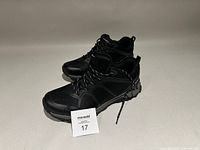 Side view of pair of black Eddie Bauer shoes showing overall design and laces with lot tag 17
