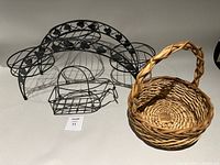 All three items: metal plant stand, metal hanging basket, wicker basket