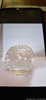 Front view of clear glass paperweight showing bubbles