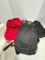 All four bags grouped: red Roots backpack, two black purses, brown patterned purse