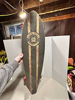 Top of Landyachtz longboard showing grip tape, wood stripes and crest logo