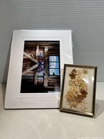 Both items: matted photograph and framed pressed flowers