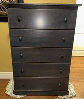 Front view of blue Dutailier 5-drawer dresser