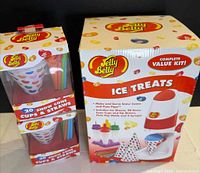 Retail boxes showing Jelly Belly Ice Treats Maker kit and snow cone cups