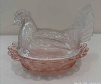 Full view of assembled clear hen lid on pink nest base
