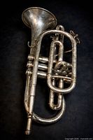 Full view of silver-plated Besson cornet showing tubing and bell