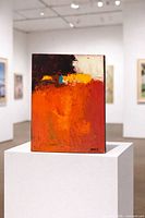 Full frontal view of painting on pedestal displaying entire composition and size context