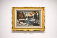 Framed painting on gallery wall showing entire piece