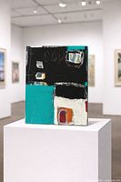 Front view of Margot Rowan abstract painting displayed on pedestal