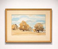 Front view of framed watercolor landscape showing entire artwork, mat and frame