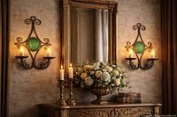 Both sconces installed beside mirror to show scale and appearance