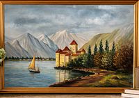 Full view of painting showing subject matter and frame