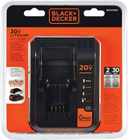 Retail front packaging showing BLACK+DECKER 20V MAX Lithium Fast Charger model BDCAC202B