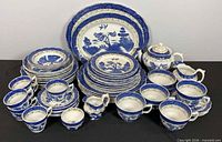 Entire dinnerware set showing plates, bowls, platters, teapot, cups, saucers, creamer, sugar