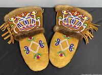 Front view of both mittens showing beadwork, fur trim and fringe