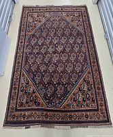 Full view of the Kerman Persian wool rug showing overall pattern, borders and fringe