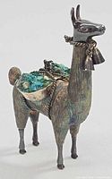 Left profile of sterling silver llama showing turquoise chip baskets and rope detail