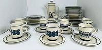 Entire set laid out showing plates, bowls, mugs on saucers, coffee pot, creamer, sugar