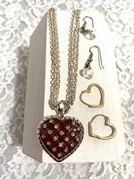 Necklace, both earring pairs displayed