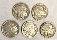 Obverse of all five Buffalo nickels showing dates and condition