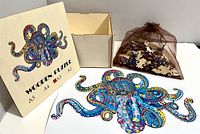 Puzzle pieces in bag, wooden box, lid, and reference poster displayed