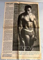 Full broadsheet opened showing Roger Craig Macy’s underwear advertisement and Herb Caen column