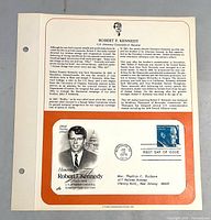 Front of descriptive sheet with cachet envelope and stamp