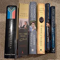 Spine view of six hardcover books showing titles and authors