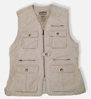 Front view of tan L.L.Bean utility vest showing full zip and pockets