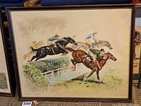 Full view of framed etching showing equestrian scene