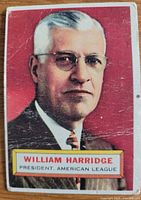 Front of 1956 Topps William Harridge card showing portrait and nameplate