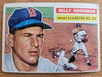 Front of 1956 Topps Billy Goodman card showing portrait, action scene and facsimile signature