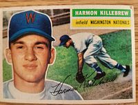 Front of Topps 1956 Harmon Killebrew card showing portrait, action shot, player name banner