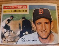 Front of 1956 Topps Mickey Vernon card showing portrait and action image