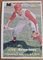 Front of 1957 Topps Alex Grammas card showing player image and card text
