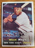 Front of 1957 Topps Willie Mays card showing image and player/team text