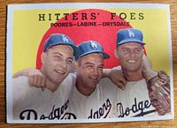 Front of 1959 Topps Hitters' Foes card showing players Podres, Labine, Drysdale