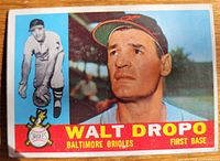 Front of 1960 Topps Walt Dropo card showing portrait, action image and team logo