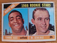 Front of 1966 Topps #164 card with portraits of Tommie Agee and Marv Staehle