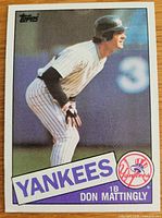 Front of 1985 Topps Don Mattingly card showing image, team banner, player name and position