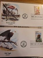 Two First Day Covers showing Roseate Spoonbill (Louisiana) and Bald Eagle (Virginia) with 22¢ stamps and June 1987 cancellations