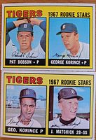 Front of two 1967 Topps Tigers Rookie Stars cards showing player images and names
