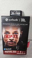 Front of sealed retail box displaying JBL Yurbuds Inspire 500 headphones