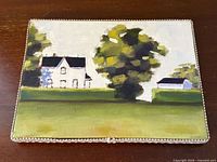 Full view of signed oil painting showing house, tree and outbuilding