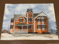 Close view of watercolour showing Victorian house details