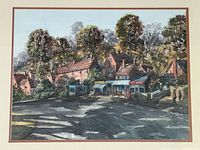 Full view of framed watercolour depicting village scene