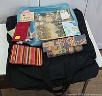 Overview of all items on top of black garment bag