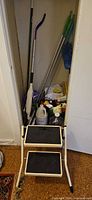 Closet view showing step ladder, mops, duster and cleaning bottles