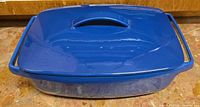 Top view of blue enamel Dutch oven with lid