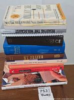 Full stack of eight books on table